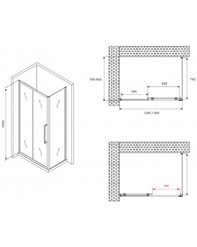 Душевой уголок Abber Schwarzer Diamant 130x80 AG30130BMH-S80BM профиль Черный стекло матовое