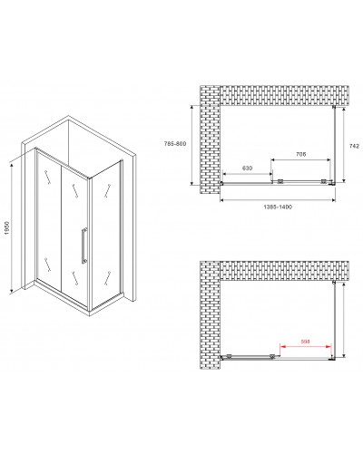 Душевой уголок Abber Schwarzer Diamant 140x80 AG30140BMH-S80BM профиль Черный стекло матовое