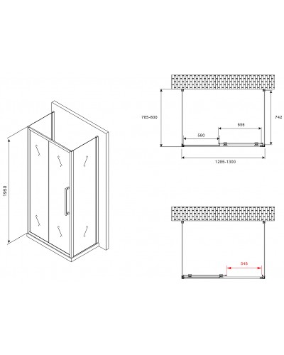 Душевой уголок Abber Schwarzer Diamant 130x80 AG30130BMH-S80BM-S80BM профиль Черный стекло матовое