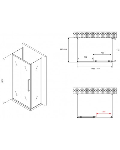 Душевой уголок Abber Schwarzer Diamant 140x80 AG30140BMH-S80BM-S80BM профиль Черный стекло матовое
