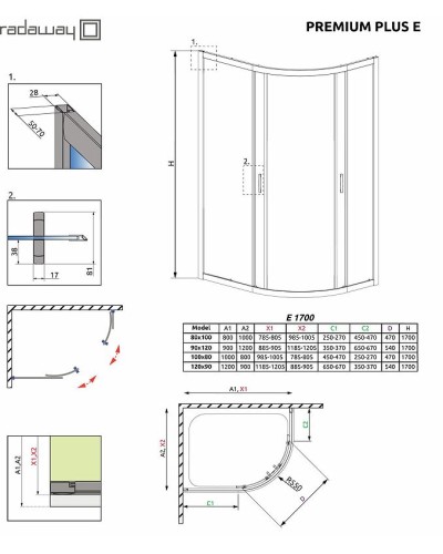 Душевой уголок Radaway Premium Plus E 1700 100x80 30481-01-01N профиль Хром стекло прозрачное