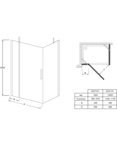 Душевой уголок 97,8х77 см Jacob Delafon Contra E22T101-GA + E22FT80-GA прозрачное