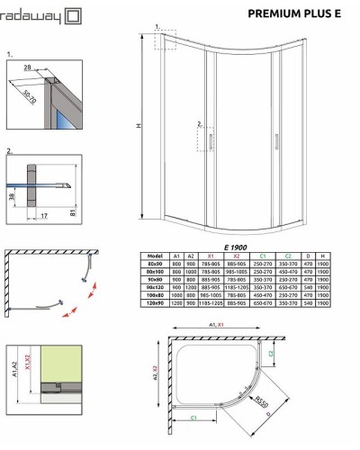 Душевой уголок Radaway Premium Plus E 1900 90x80 30492-01-01N профиль Хром стекло прозрачное