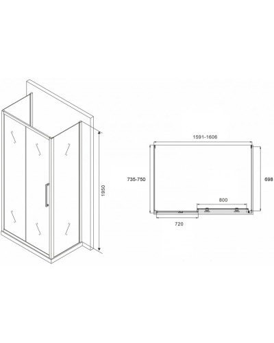 Душевой уголок 160х75 см Abber Schwarzer Diamant AG30160BH-S75B-S75B прозрачное