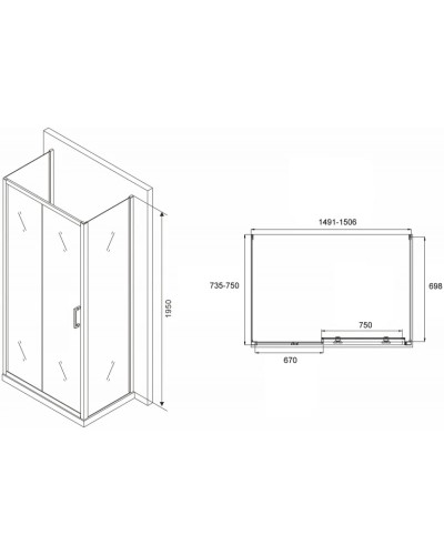 Душевой уголок 150х75 см Abber Schwarzer Diamant AG30150B-S75B-S75B прозрачное