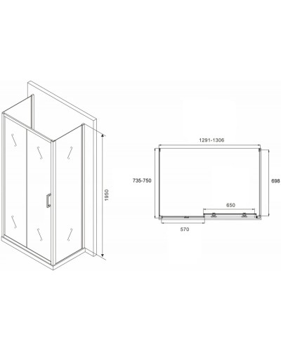 Душевой уголок 130х75 см Abber Schwarzer Diamant AG30130B-S75B-S75B прозрачное