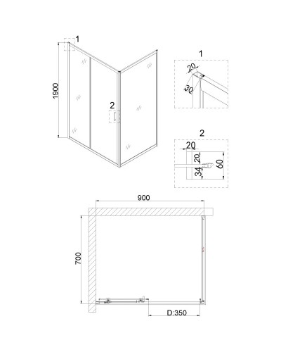 Душевой уголок 90х70 см Niagara NG-42-9AG-A70G прозрачное