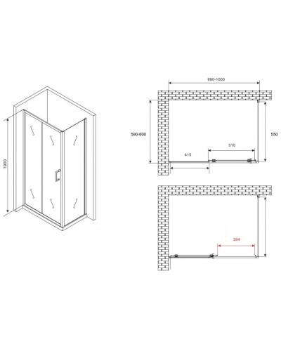 Душевой уголок 100х60 см Abber Schwarzer Diamant AG30100B5-S60B5 прозрачное