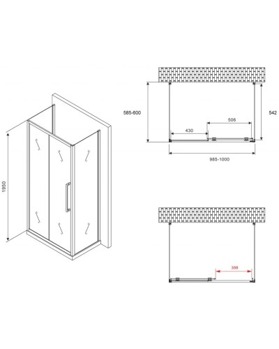 Душевой уголок 100х60 см Abber Schwarzer Diamant AG30100H-S60-S60 прозрачное