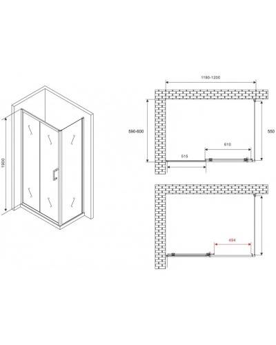Душевой уголок 120х60 см Abber Schwarzer Diamant AG301205-S605 прозрачное