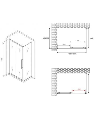 Душевой уголок 130х50 см Abber Schwarzer Diamant AG30130BH-S50B прозрачное
