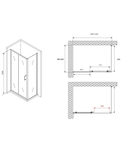 Душевой уголок 140х50 см Abber Schwarzer Diamant AG301405-S505 прозрачное