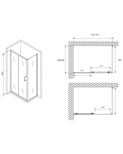Душевой уголок 140х60 см Abber Schwarzer Diamant AG301405-S605 прозрачное
