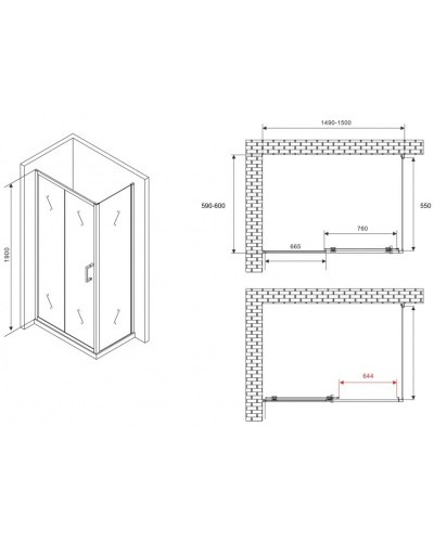 Душевой уголок 150х60 см Abber Schwarzer Diamant AG301505-S605 прозрачное