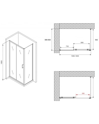 Душевой уголок 160х60 см Abber Schwarzer Diamant AG30160B-S60B прозрачное