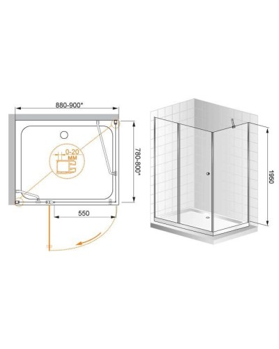 Душевой уголок Cezares ELENA-W-AH-1-90/80-P-Cr-R профиль Хром стекло рифленое