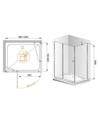 Душевой уголок Cezares ELENA-W-AH-1-100/80-P-Cr-R профиль Хром стекло рифленое