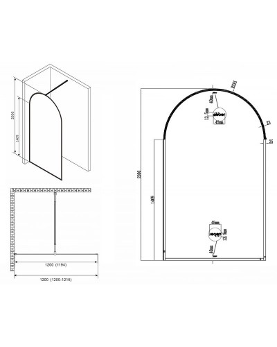 Душевая перегородка Abber Immer Offen 120 AG64120B8 профиль Черный стекло прозрачное