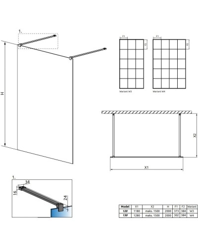 Неподвижная перегородка Radaway Modo X I Black Factory 130 прозрачное