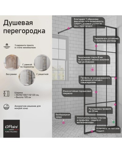 Неподвижная перегородка 110 см Paini PAINI-WalkIN110G прозрачное