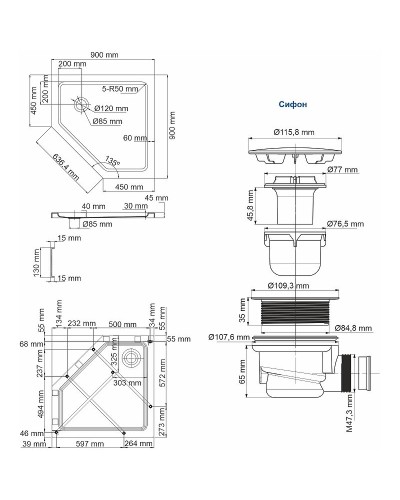 Акриловый поддон для душа WasserKRAFT Isen 90x90 26T11 Белый глянец