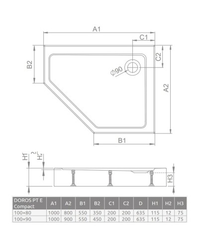 Акриловый поддон 100x80 см Radaway Doros PT E Compact SDRPTP1080-05R