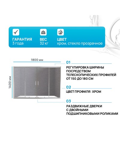 Шторка на ванну BelBagno Unique VF-2 180 профиль Хром стекло прозрачное