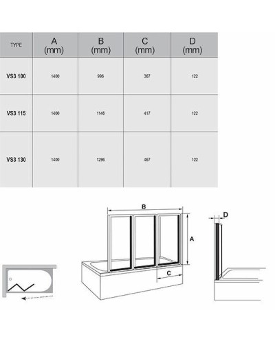 Шторка на ванну Ravak Behappy VS3 100 795P010041 профиль Белый витраж пластик Rain