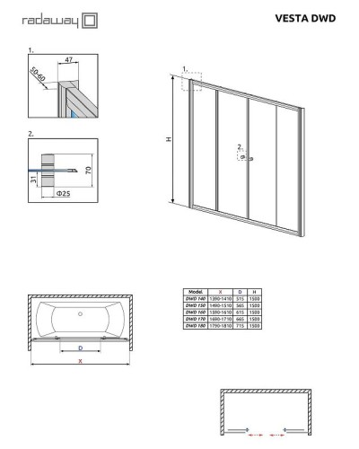 Шторка на ванну Radaway Vesta DWD 160 203160-01 профиль Хром стекло прозрачное