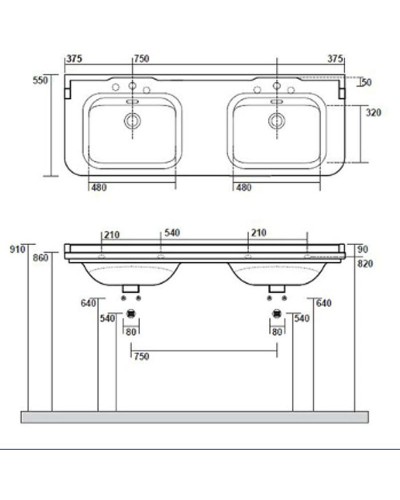 Раковина Kerasan Waldorf 150 4143K1bi/crx3 двойная Белая