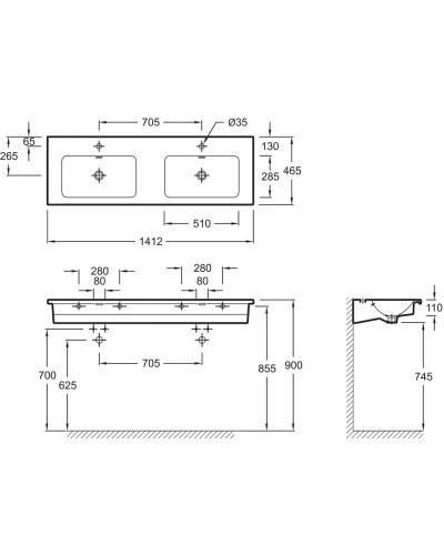 Двойная подвесная раковина столешница для установки на мебель 140х46 см Jacob Delafon Vox EXAA112-Z-00