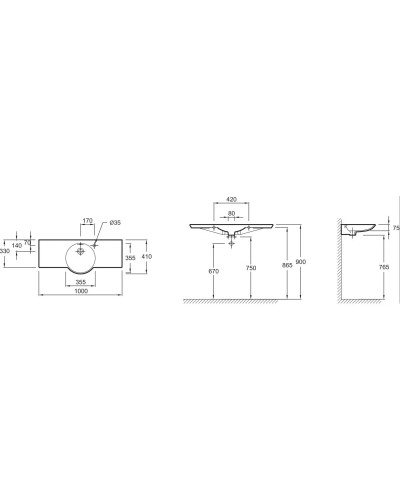 Раковина подвесная с отверстием для смесителя с правой стороны 100 см Jacob Delafon Spherik E4508-00