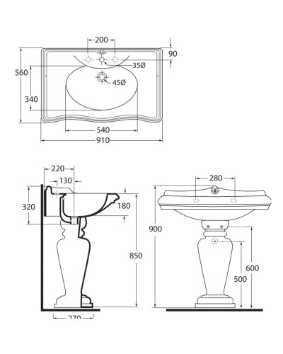 Раковина 91х56 см с одним отверстием под смеситель Azzurra Jubilaeum JUB200/90 bix1