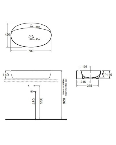 Раковина чаша 70х42 см Azzurra Elegance Circle ECI70Mbix1