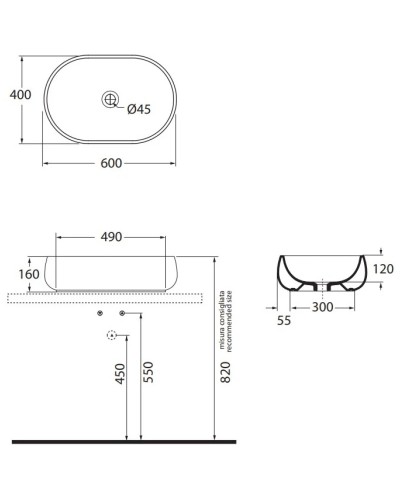 Раковина чаша 60х40 см Azzurra Nuvola NUV200/AP6bi