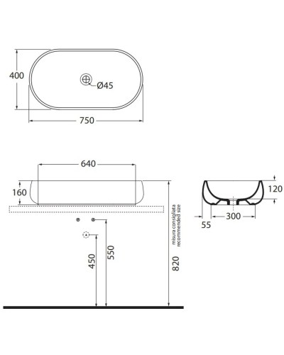 Раковина чаша 75х40 см Azzurra Nuvola NUV200/AP8bi