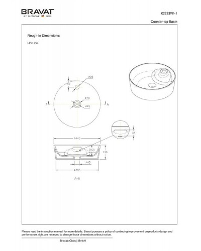 Раковина-чаша Bravat Affability 44 C22239W-1-ENG Белая