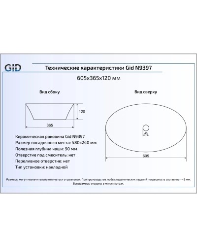 Раковина 60,5х36,5 см GID Simple N N9397