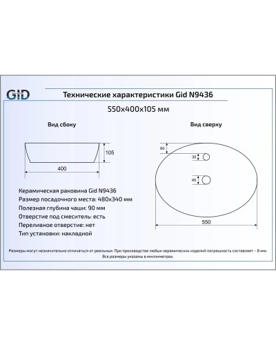 Раковина 55х40 см GID Simple N N9436