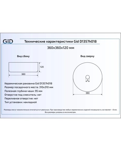 Раковина 36х36 см GID LuxeLine D1357h018
