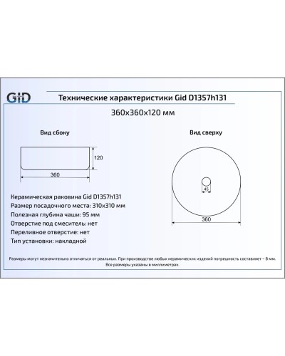 Раковина 36х36 см GID LuxeLine D1357h131