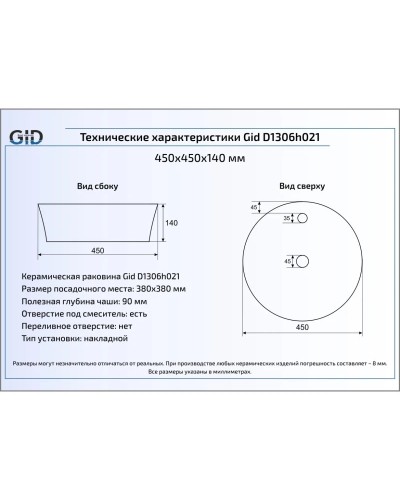 Раковина 45х45 см GID LuxeLine D1306h021