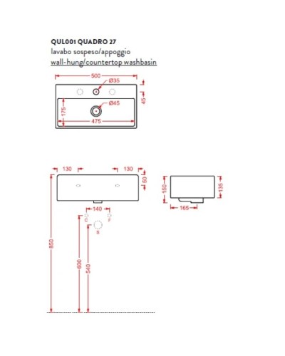 Раковина 50x27 см Artceram Quadro QUL001 01 00 bi