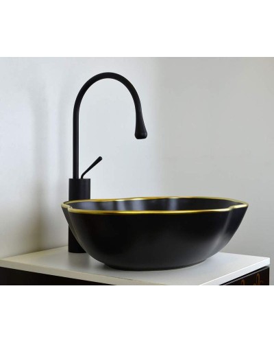 Комплект раковины-чаши Bronze de Luxe 50 1395 со смесителем Scandi 9015B Черная с золотым ободом