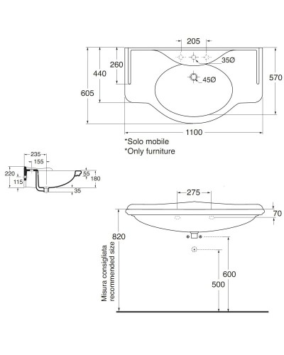 Раковина консоль 110х65 см с тремя отверстиями под смеситель Azzurra Giunone GIU200110/ALZAT bix3