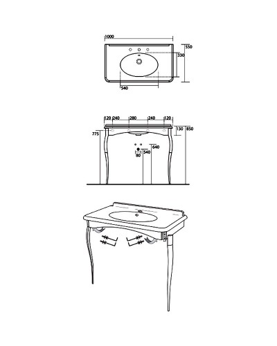 Раковина-консоль Kerasan Retro 100 1049K0 bix3 cr legs Белая Хром