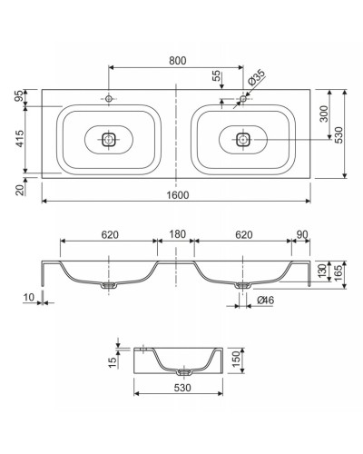 Консольная раковина из литьевого мрамора двойная CEZARES TITAN-1600-2-LVB-SOSPESO