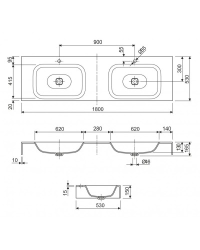 Консольная раковина из литьевого мрамора двойная CEZARES TITAN-1800-2-LVB-SOSPESO