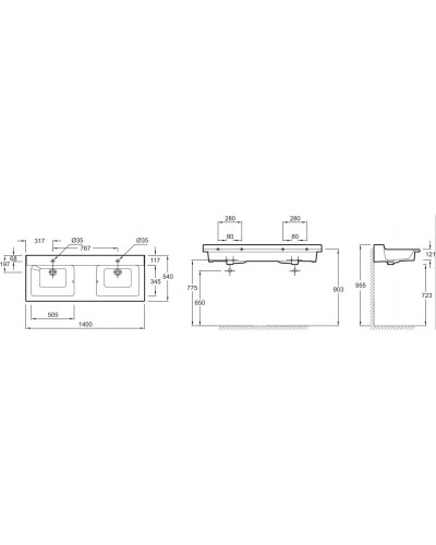Подвесная раковина-столешница с отверстиями для смесителей 140 см Jacob Delafon Soprano EXJ112-00