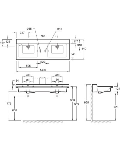 Подвесная раковина-столешница с отверстиями для встраиваемых смесителей 140 см Jacob Delafon Soprano EXJ122-00